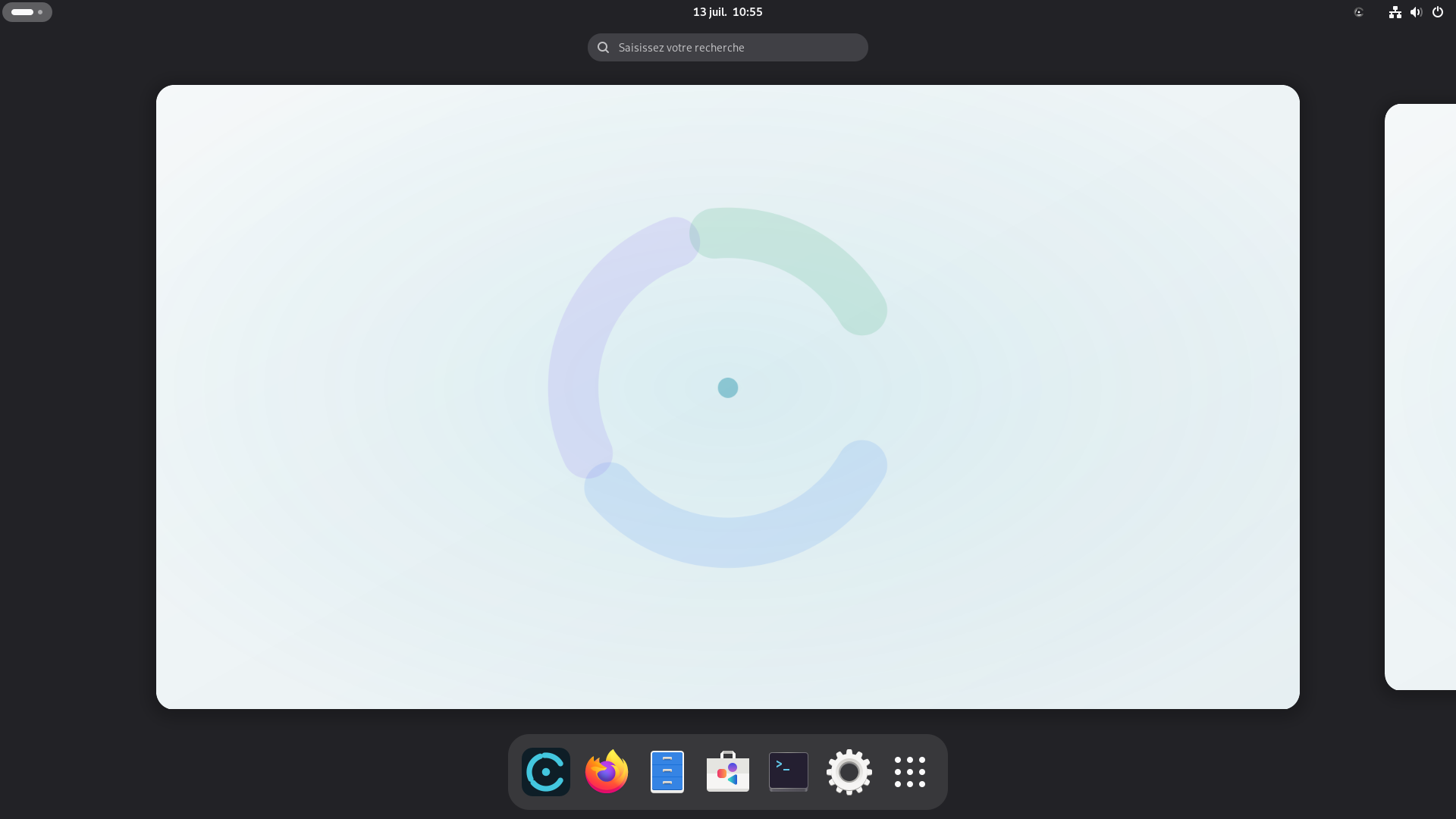 Le bureau de Codebyr OS : vue d'ensemble GNOME, fond d'écran au Sceau, dock des applications.