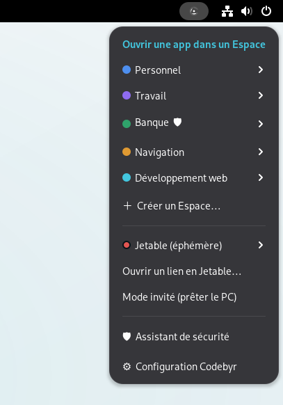 Le menu du Sceau : sélecteur d'Espaces — Personnel, Travail, Banque, Navigation — puis Jetable, Mode invité et Assistant de sécurité.