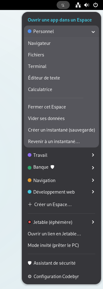 Sous-menu d'un Espace : Navigateur, Fichiers, Terminal, Éditeur, Calculatrice, puis fermer l'Espace, vider ses données, créer ou restaurer un instantané.