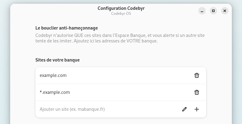 Configuration Codebyr : le bouclier anti-hameçonnage, avec la liste des sites de votre banque.