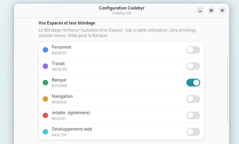 Configuration Codebyr : le blindage, activable Espace par Espace, actif par défaut sur Banque.