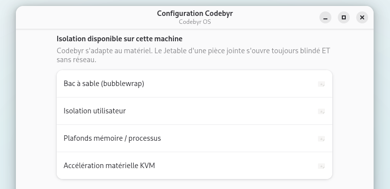Configuration Codebyr : les capacités d'isolation réellement disponibles sur la machine — bac à sable, isolation utilisateur, plafonds mémoire, KVM.